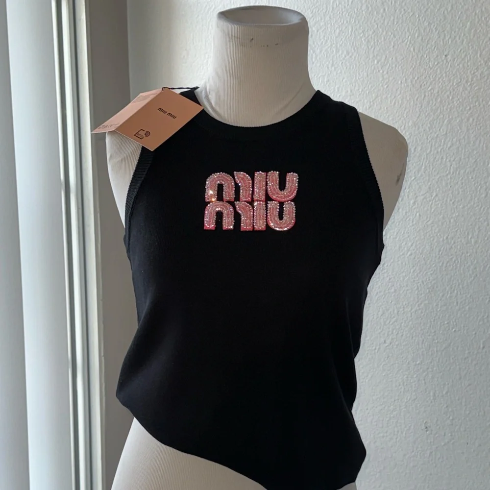 Miu Miu Black Tank Top with Pink Logo - Picture 1 of 3
